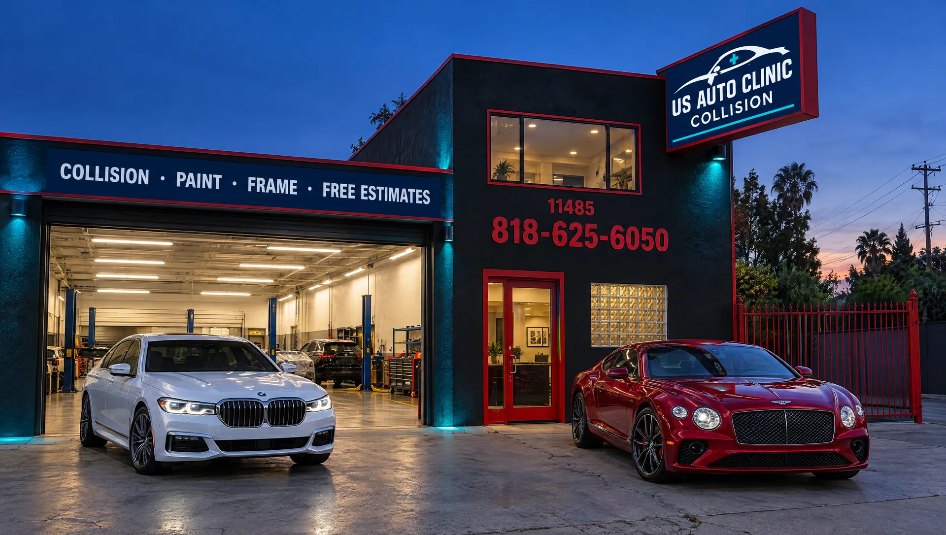 US Auto Clinic Collision storefront at dusk on Ventura Boulevard, with the shop sign and phone number 818-625-6050 on the wall