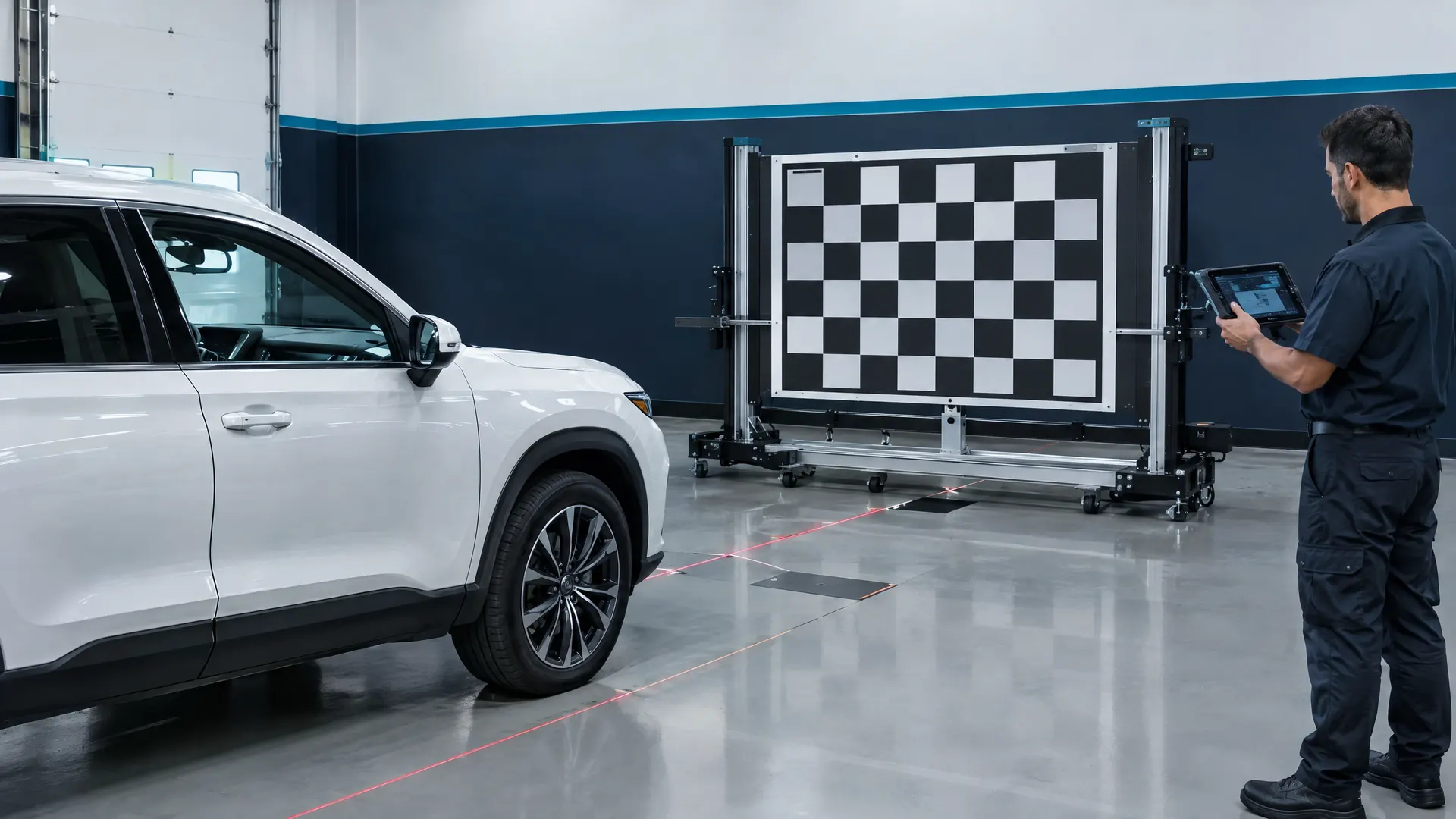 Camera calibration target in front of an SUV