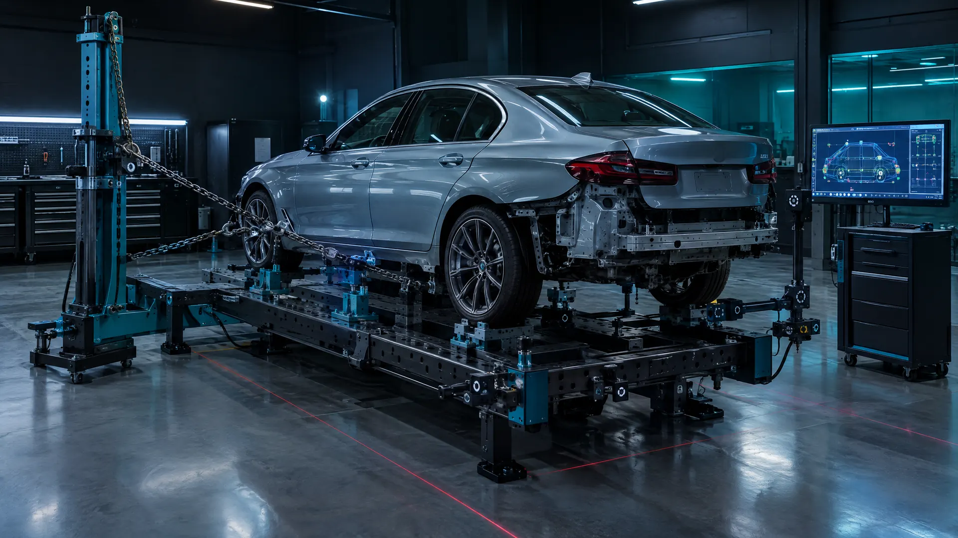 Car on the frame bench with 3D measuring targets